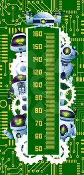 Kids height chart, cartoon robots and circuit board. Cute ai drones and humanoid androids. Vector growth measure meter wall sticker with scale for children height measurement with bots and droids