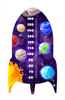Kids height chart of cartoon space rocket and planets. Vector galaxy growth measure meter with ruler scale, Earth, Sun, Jupiter and Saturn, stars and comets, children stadiometer wall sticker
