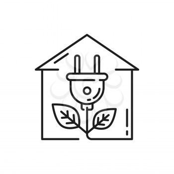 House with renewable alternative energy sources isolated thin line icon. Vector green home with plant plug shape, eco friendly building, outlet with leaf. Modern architecture electric plug with leaves