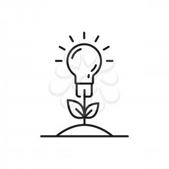 Green eco energy, bulb growing from plant gardened in Earth, eco friendly environment thin line icon. Vector renewable energy sources, lightbulb with leaves, eco friendly environment, pure planet