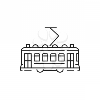 Tram isolated Lisbon city trolley public transport thin line icon. Vector retro Portugal Turkey train, passengers, people transportation service. Urban trolleybus design element. Tramway rapid trolley