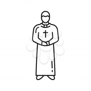 Portugal priest in robe and cross isolated man in long gown thin line icon. Vector religion man with cross, missionary clergyman, pastor in uniform outline sign. Portuguese Roman Catholic priest