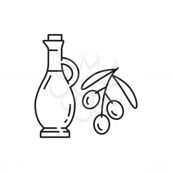 Portuguese oils on twig with leaves isolated thin line icon. Vector natural cosmetics and jug glass bottle with extra virgin oil food dressing ingredients, healthy veggies. Oliva plant berry and leaf