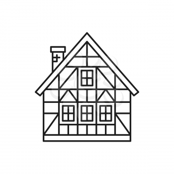 Traditional half-timbered cottage isolated mountain chalet building thin line icon. Vector family summer house, living or rental country home, wooden hut dwelling for booking, sale or rent, outline