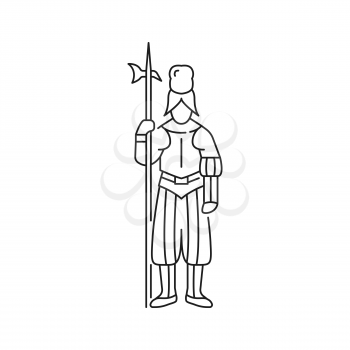 Swiss guard of vatican isolated thin line icon. Vector Switzerland warrior with viking military iron halberd, voulge glaive harpoon tool. Feudal soldier in helmet, medieval knight in costume with axe