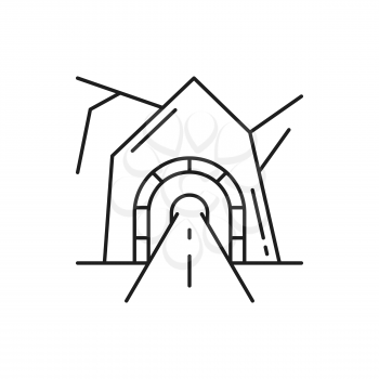 Tunnel with brick wall in Alps Swiss or Switzerland mountains isolated thin line icon. Vector road tunnel,entrance to underground, automobile arched tunnel in mount architecture construction