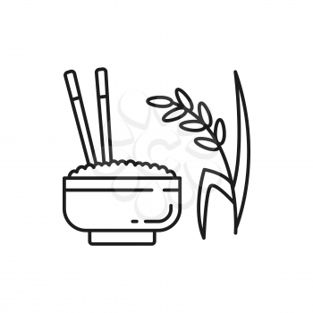 Rice bowl and chopsticks, isolated Thai growing plant thin line icon. Vector Thailand, Korean, Chinese and Japanese cuisine dish, dinner food in ceramic plate. Healthy organic eating, steamed rice