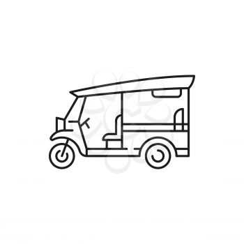 Thai traditional tuk tuk car isolated thin line icon. Vector popular transportation vehicle in Phuket and Bangkok, Thailand. automobile or bike with three wheels, famous retro tricycle, beach car