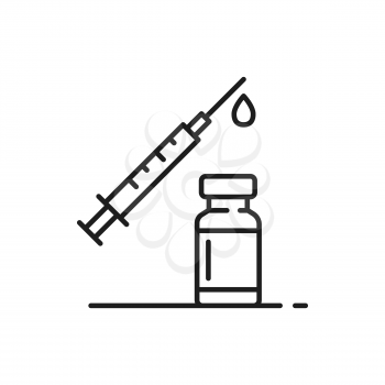 Vaccination thin line icon isolated bottle with coronavirus vaccine and shot inject with needle and drop. Vector global immunization, corona prevention and flu diseases treatment. Medicine health care