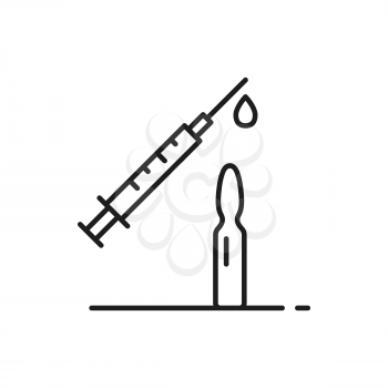 Vaccine vial and syringe, coronavirus vaccination thin line icon isolated. Vector shot inject with needle and drop, global immunization, medical health care. Corona prevention, flu diseases treatment