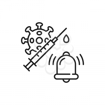 Coronavirus vaccination, syringe and covid bacteria isolated thin line icon. Vector time to vaccinate, injection and ringing bell, immunization campaign. Health care protection, medical treatment