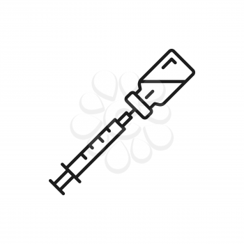 Coronavirus vaccination bottle and injection shot isolated thin line icon. Vector vaccine and syringe, corona prevention, global immunization, flu diseases treatment. Medicine health care campaign