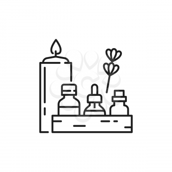 Spa, body and face cosmetics beauty bottles isolated outline icons. Vector line art burning candle, skin health care and massage products mockup. Burning candle and lavender flower, spray and dropper