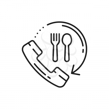 Online food ordering and fastfood delivery thin line icon isolated. Vector shipping services order by phone, telephone receiver and fork and spoon, web app symbol. Quick speed deliver outline