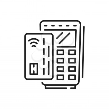 Bank POS terminal to pay for fastfood delivery isolated outline icon. Vector payment of purchases in shop or supermarket by credit or debit card. Electronic transaction, takeaway food express pay