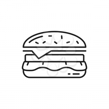 Cheeseburger fastfood snack isolated tasty burger with chopped meat, cheese and veggies thin line icon. Vector fastfood delivery, hamburgers online order, takeout takeaway street food snack
