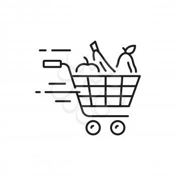 Shopping trolley push cart with grocery products, fast online order and delivery isolated outline icon. Vector retail basket, buyers bag linear sign. Online deliver shoppingcart pushcart with food