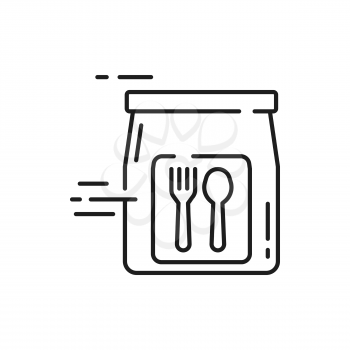 Express lunch delivery icon, bag with hot dinner with spoon and fork isolated outline line art icon. Vector cafe restaurant food deliver, fast online order and shipping services, takeaway takeout meal