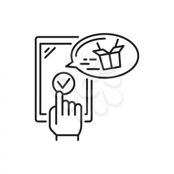 Express lunch delivery, mobile application in smartphone for online orders isolated outline line art icon. Vector takeaway takeout meal, cafe restaurant orders, fast food deliver shipping services
