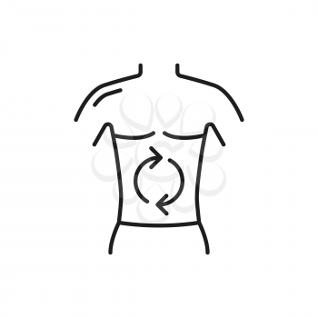 Man body with good digestion in human stomach isolated outline icon. Vector laxative system with rotating arrows gear box mechanics inside. Gastro medical drugs packaging label, healthcare concept
