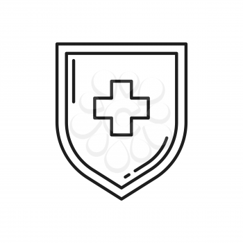Shield with medical cross isolated thin line icon. Vector health protection, healthcare security, safety system, insurance. Virus, probiotic, lactobacillus and prebiotic bacteria guard badge