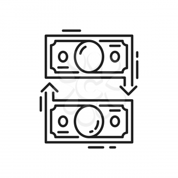 Cash money exchange isolated business operations thin line icon. Vector financial bills conversion, currency revenue, payments convert. Cash refund, eur and usd change, circular payment glow