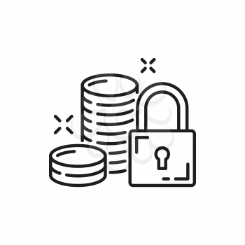 Payment and money protection isolated thin line icon. Vector finances security, deposit savings and lock, financial insurance stability. Cash money coins, padlock and income protection, economy crisis