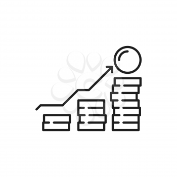 Money growth chart isolated coins stack with arrow up, thin line icon. Vector upward money growth, financial growing and economy improvement, diagram statistics, price and salary growth, progress