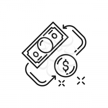 Money savings concept, paper bill and coin, cash exchange business operations isolated thin line icon. Vector financial conversion, currency revenue, payments convert. Cash refund, circular payment