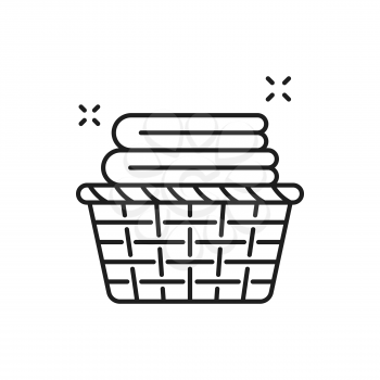 Laundry basket with towels isolated thin line icon. Vector stack of folded and rolled cloth for washing and cleaning, wicker basket with clean cotton towels. Spa and bathroom objects, toiletries