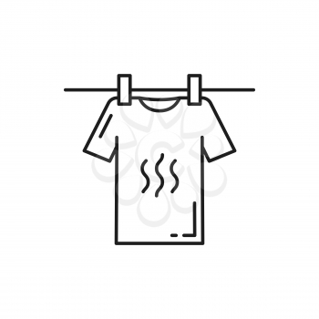 Laundry, blank t-shirt hanging on clothes line isolated thin line icon. Vector drying clean boy or girl shirt hang on linen rope on wooden clothespins. Washing cloth, clothesline with dry apparel