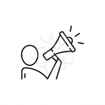 Person speak in megaphone isolated thin line icon. Vector business man speaker announce or proclaim news in loudspeaker, broadcasting online. Character support center worker gives info message