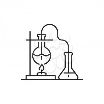 Liquid in round bottom flask being heated over Bunsen burner isolated thin line icon. Vector laboratory research glassware, biochemistry, chemistry, pharmacy and genetics equipment for experiments