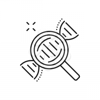 Magnifying glass investigate dna chromosome isolated thin line icon. Vector genetics molecule magnification, physics, biochemistry and chemistry research by loupe, genome exploration and discovery