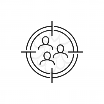 Business conference, people reach target together isolated thin line icon. Vector goal circle brainstorming and recruiting in goal circle. Team communication group finding financial decisions, profit