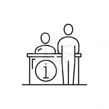 Bank cashier behind cash department window isolated thin line icon. Vector customer support, person assistance help board, support center worker, computer operator ready to help, instruction guide