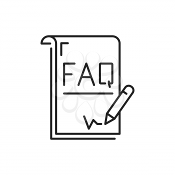 FAQ question book and pen isolated thin line icon. Vector online conversation, help and fast solve problem. Frequently asked questions interrogation magazine, instruction guide, customer assistance