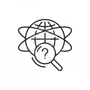 Question mark and world globe planet isolated thin line icon. Vector worldwide information support, interrogation mark, searching solutions to solve problems. International universe research