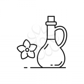 Beauty cosmetics bottle and flower isolated outline icon. Vector skin health care and massage hyaluronic or essence oils, herbal medicine. Spa skin care product, line art jar with wooden cork