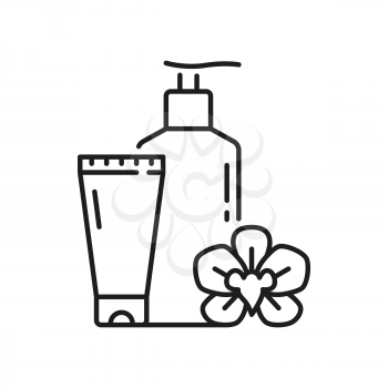 Spa, body and face herbal cosmetics beauty cream bottles and flower isolated outline icon. Vector lotion in tube and moisturizer cleanser, essence shower gel, spa hygiene floral products in packages