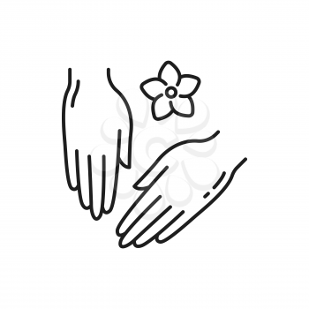 Hand care cosmetics and flower isolated outline icon. Vector skincare products, female hands, freshness and hygiene, arms and fingers massage. Caucasian and asian woman palms, herbal medicine