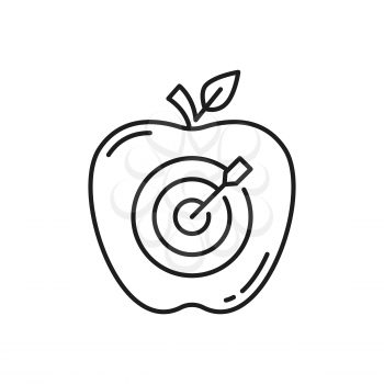 Target apple hit by wooden arrow in center isolated outline icon. Vector challenge and business success, precise aiming in fruit, lucky shot. Leadership and accuracy, purpose achievement, competition