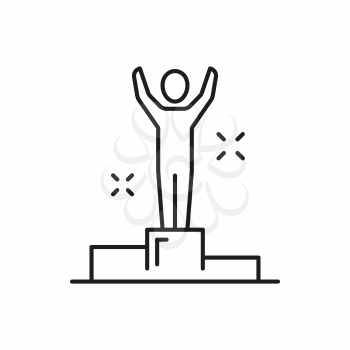Winner business man on award pedestal isolated outline icon. Vector first place, leadership in career, goal and target achievement. Businessman leader on podium, winning competition, best achievement