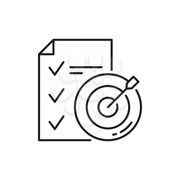 Accomplished goals and objectives isolated outline icon. Vector target hit, arrow in bullseye and to-do list. Goal, plan, action and check paper. Business motivation, inspiration and leadership