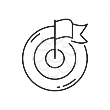 Target with flag in center, reach goal of success, achievement, leadership isolated outline icon. Vector business point of success and aim, leader targeting, victory, bullseye aiming, game complete