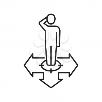 Businessman standing on arrows and deciding route to choose isolated outline icon. Vector target achievement arrows pointing in different directions. Man thinking idea strive towards to business goal