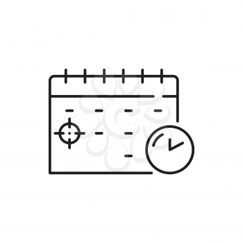 Calendar or note with to-do list and accomplished goal isolated outline icon. Vector target hit, goal, date planning, plan, action and check mark on paper. Business motivation, inspiration, leadership