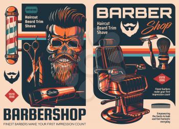 Barbershop vintage posters with skull beard and mustaches, vector. Barber shop retro posters or men haircut salon pole signs with barber chair for beard shaving, razor blade and hair trimmer