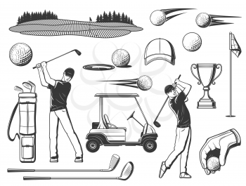 Golfer with club, golf sport items. Golf game sport equipment, course and players uniform monochrome vector icons set. Golf cart, flying ball, iron and fairway clubs, cap, winner goblet and flagstick