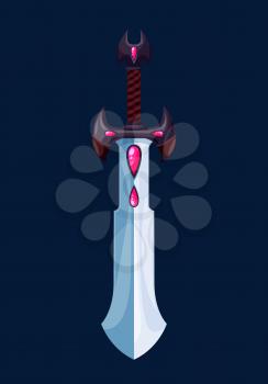Magical cartoon sword blade with red crystals fantasy game weapon. Vector sword, dagger or knife of wizard or magician, knight warrior or fairy king with ruby gemstones and plaited grip